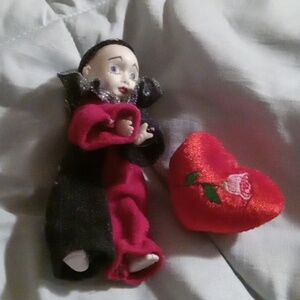 Antique Mini Clown Peirott Jester Doll With Heart Pillow Clip On Grabber